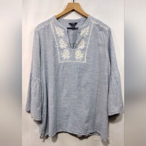 Chaps Floral Embroidery Stripped Blouse Womens XXL Blue Boho Retro Cottagecore